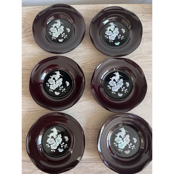 Vintage Set of 6 Asian Lacquer & Mother of Pearl in-lay cup covers coasters dish - Picture 1 of 7